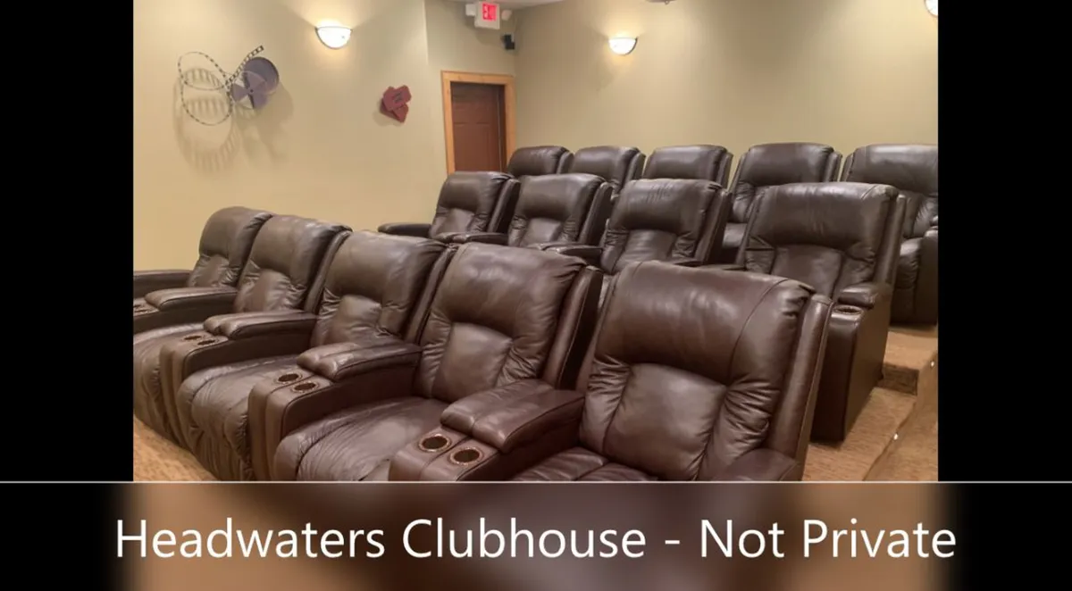 A dedicated media room featuring luxurious reclining chairs arranged in rows, wall decor, and a large screen area, creating an immersive environment for movie watching or hosting themed film nights.