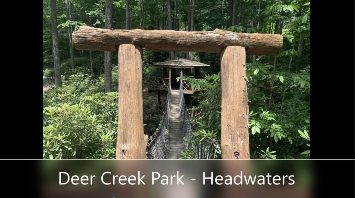 A dramatic suspension bridge leads to a whimsical treehouse nestled among vibrant green trees, surrounded by dense forest. The area exudes a sense of adventure and immersion in nature, hinting at the hiking and wildlife experiences available just outside the home.